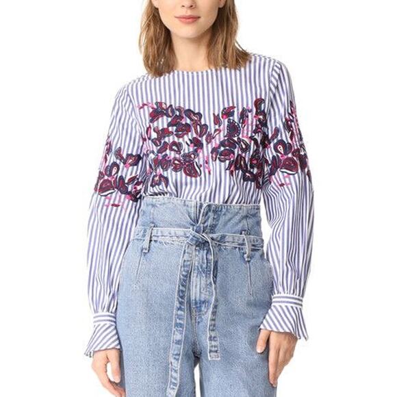 Tanya Taylor Marcie Stripe Floral Embroidered Top Size 6 - Picture 1 of 4